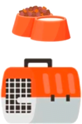 Ilustração com ração, água e caixa de transporte