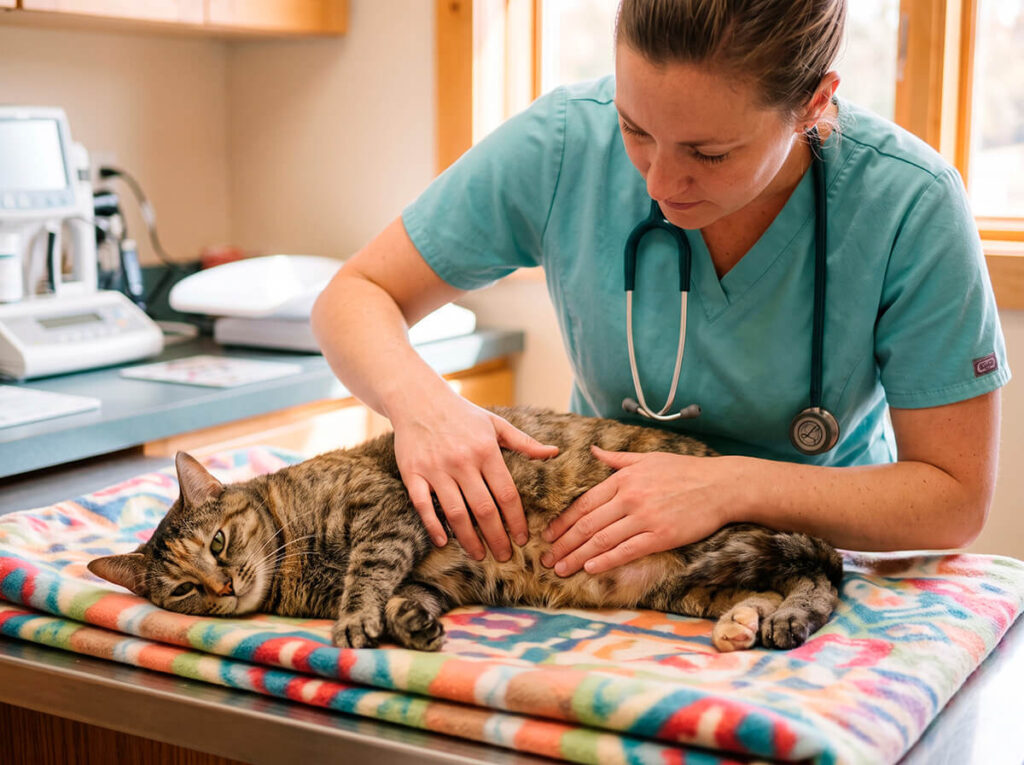 Gata sendo examinada por uma médica-veterinária